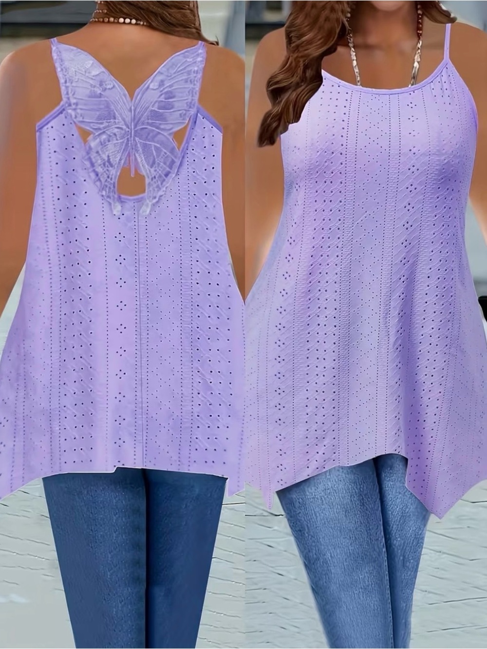 Chic Lavender Butterfly-Lace Back Eyelet Tunic Tank Top New Boutique